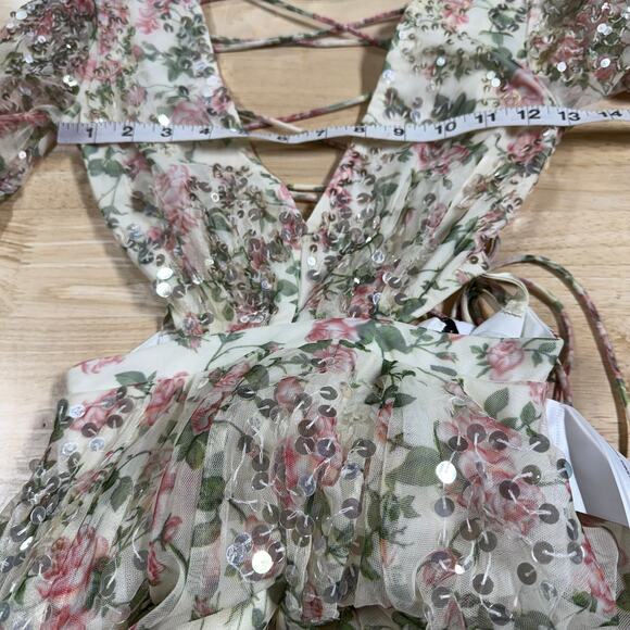 Mac Duggal NWT Sequined Floral Print Cut Out Lace Up Gown Size 0 Plunge Neck - Picture 9 of 11